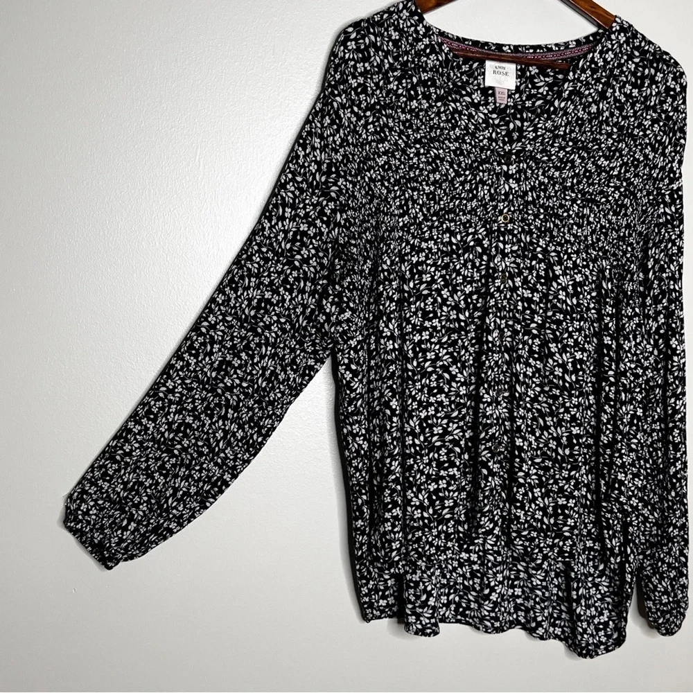 Knox Rose Black Floral Print Long Sleeve Peasant Style Top Hi-L Womens Size XXL - Picture 4 of 12